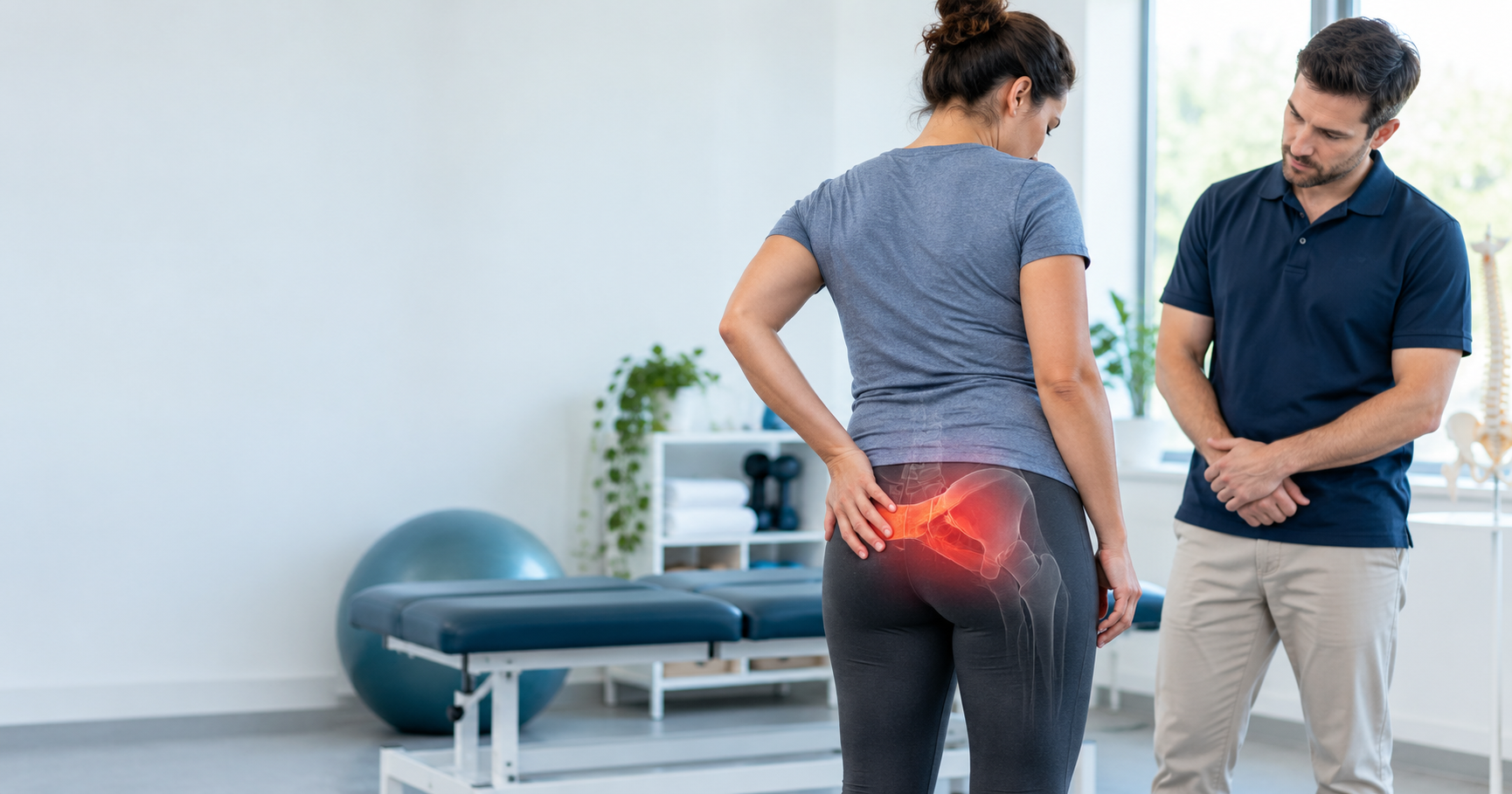 اشاره فرد به محل درد عمقی باسن هنگام ارزیابی وضعیت بدن توسط متخصص